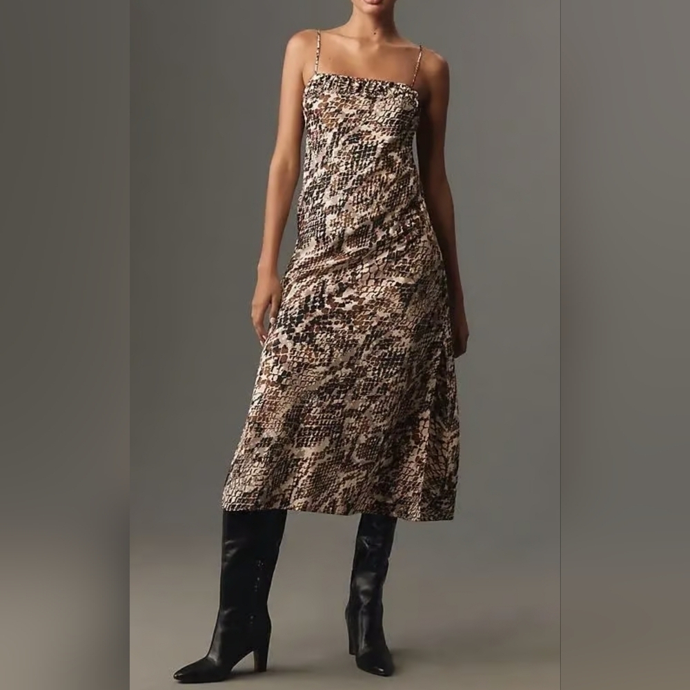 By Anthropologie Square-Neck Slip Midi Dress in Neutral Motif Animal Print, XS